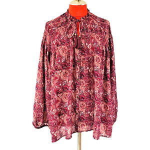 Knox Rose Prairie Top Boho Pink & Red Paisley Sheer Flowing Boho Peasant blouse